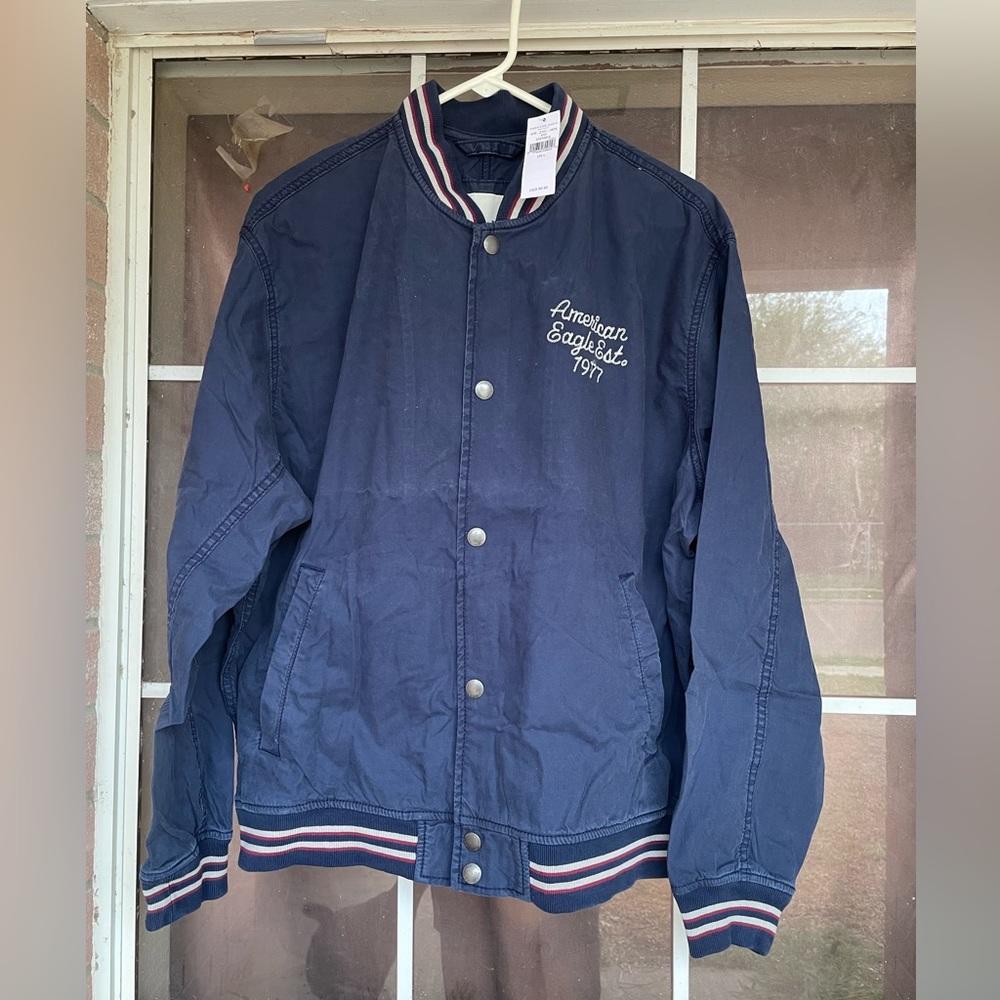 NWT Men's American Eagle AE Old School Varsity Bomber Jacket Navy Sz L